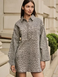 Luipaardprint - Mini Long Sleeve Utility Denim Dress