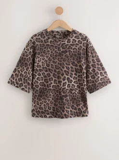Luipaardprint - Relaxed Boxy T-shirt met ellebooglengte mouwen en ronde hals