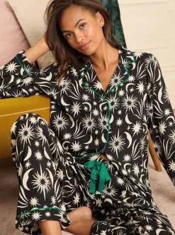 Maan Print Zwart/Wit - Love & Roses Button Down Pyjamas Set