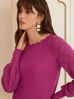 Magenta-roze - Love & Roses gebreide trui met noppensteek en geschulpte rand