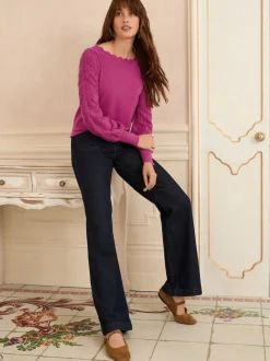 Magenta-roze - Love & Roses gebreide trui met noppensteek en geschulpte rand