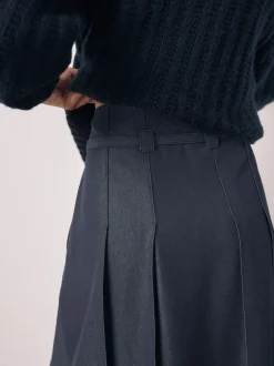 Marineblauw - Belted Denim Look Midi Kilt