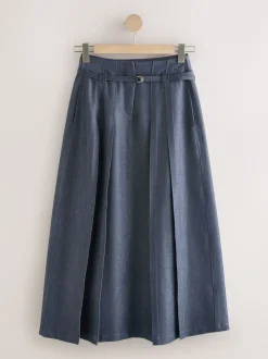 Marineblauw - Belted Denim Look Midi Kilt