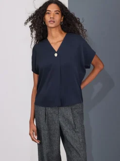 Marineblauw - Blouse met V-hals en korte mouwen