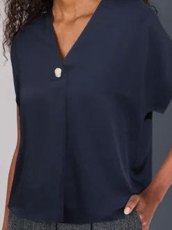 Marineblauw - Blouse met V-hals en korte mouwen