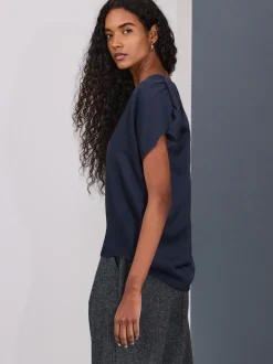 Marineblauw - Blouse met V-hals en korte mouwen