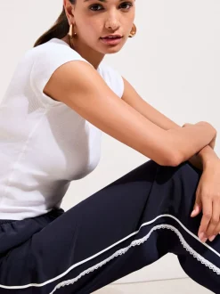 Marineblauw - Friends Like These Crochet Trim Wide Leg Trousers