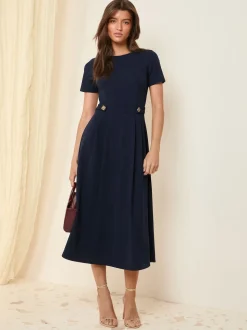 Marineblauw - Friends Like These Getailleerde midi-jurk met tabdetail en korte mouwen