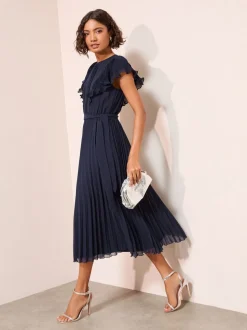 Marineblauw - Friends Like These Chiffon Pleated Lace Insert Midi Dress
