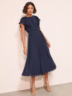 Marineblauw - Friends Like These Chiffon Pleated Lace Insert Midi Dress