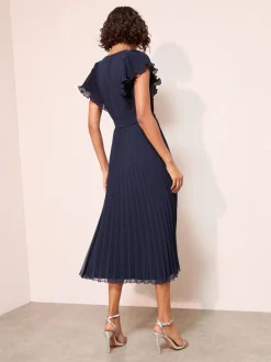 Marineblauw - Friends Like These Chiffon Pleated Lace Insert Midi Dress