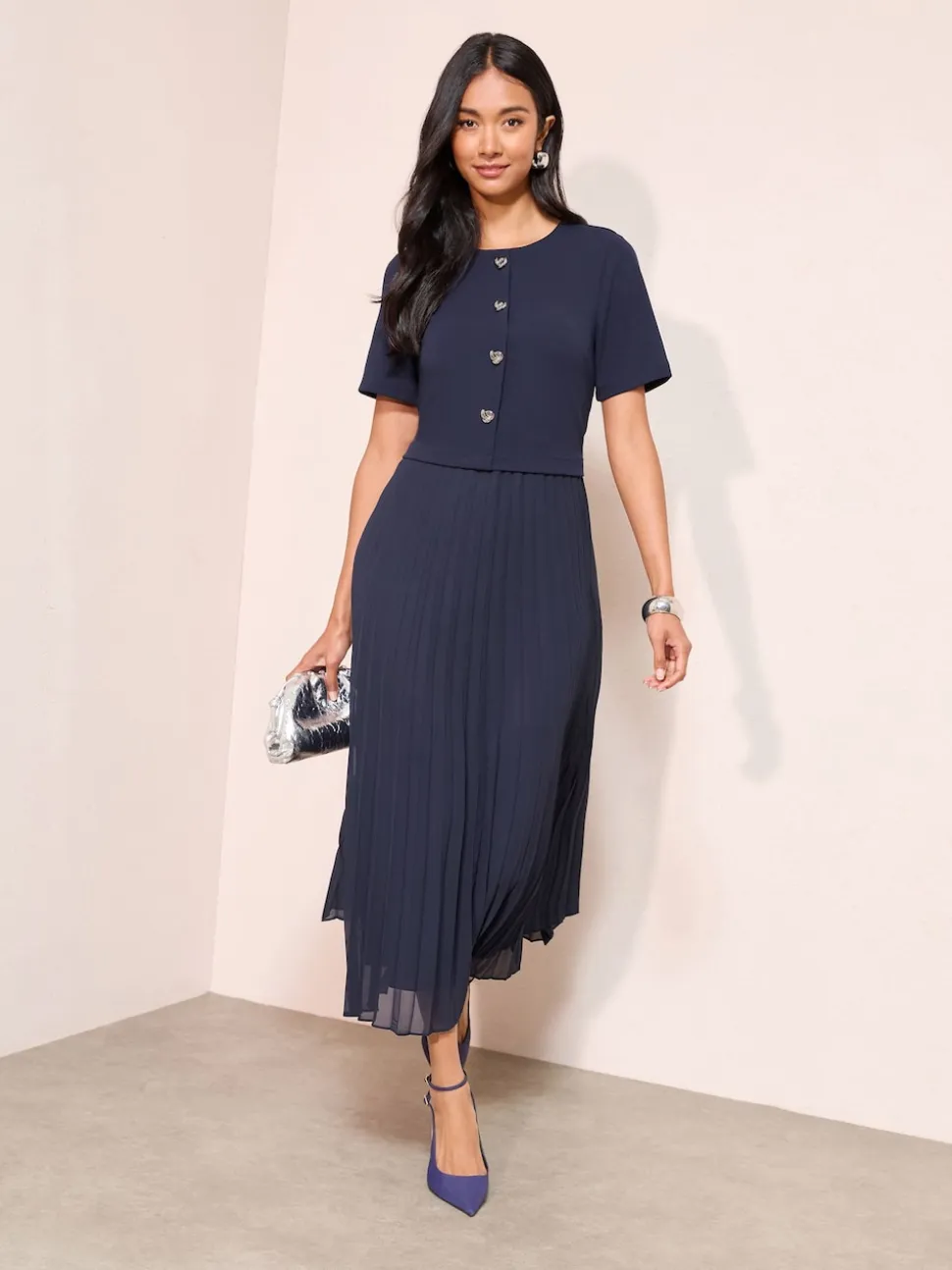 Marineblauw - Friends Like These Button Down 2-In-1 Pleated Dress