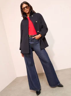 Marineblauw - Friends Like These Funnel Neck Button Front Mid Length Coat
