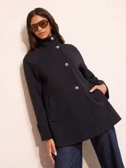 Marineblauw - Friends Like These Funnel Neck Button Front Mid Length Coat