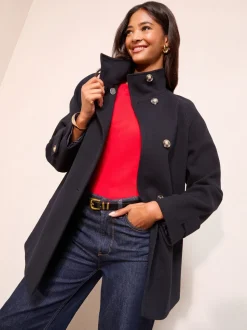 Marineblauw - Friends Like These Funnel Neck Button Front Mid Length Coat