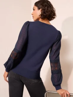 Marineblauw - Friends Like These Woven Sleeve Knitted Top