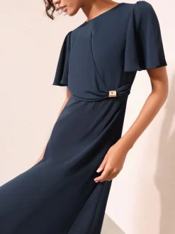 Marineblauw - Friends Like These Tulip Sleeve Wrap Front Tailored Midi Dress
