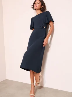 Marineblauw - Friends Like These Tulip Sleeve Wrap Front Tailored Midi Dress