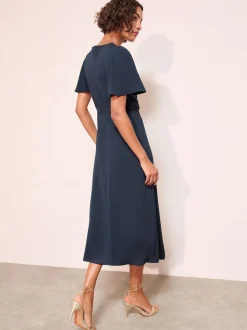 Marineblauw - Friends Like These Tulip Sleeve Wrap Front Tailored Midi Dress