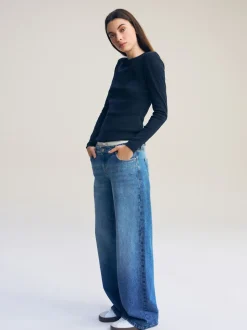 Marineblauw - Geribbelde top met ronde hals en lange mouwen