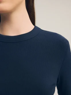 Marineblauw - Geribbelde top met ronde hals en lange mouwen