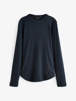 Marineblauw - Geribbelde top met ronde hals en lange mouwen