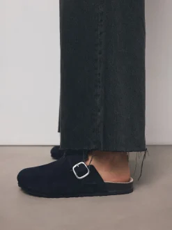 Marineblauw - Klompen met leren voetbed
