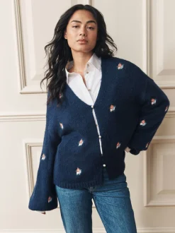 Marineblauw - Laura Ashley Embroidered Floral Cardigan