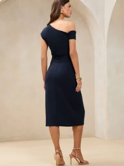Marineblauw - Lipsy - Midi-jurk met blote schouders en gerimpelde taille