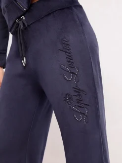 Marineblauw - Lipsy Geborduurde Velours Joggingbroek met Wijde Pijpen en Relaxte Pasvorm