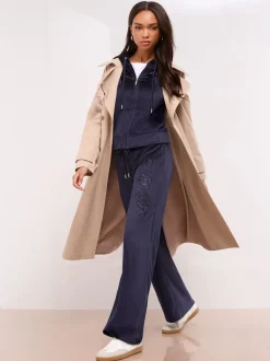 Marineblauw - Lipsy Geborduurde Velours Joggingbroek met Wijde Pijpen en Relaxte Pasvorm