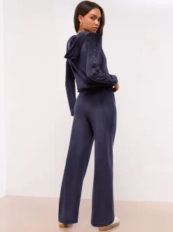 Marineblauw - Lipsy Geborduurde Velours Joggingbroek met Wijde Pijpen en Relaxte Pasvorm