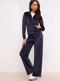 Marineblauw - Lipsy Geborduurde Velours Joggingbroek met Wijde Pijpen en Relaxte Pasvorm