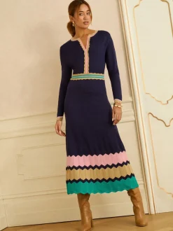 Marineblauw - Love & Roses - Gebreide midi-jurk met halsinkeping