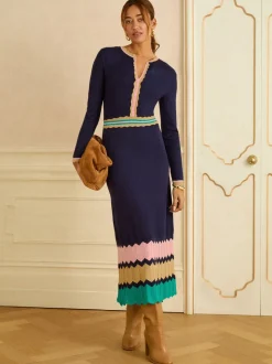 Marineblauw - Love & Roses - Gebreide midi-jurk met halsinkeping