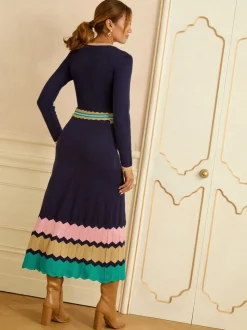 Marineblauw - Love & Roses - Gebreide midi-jurk met halsinkeping