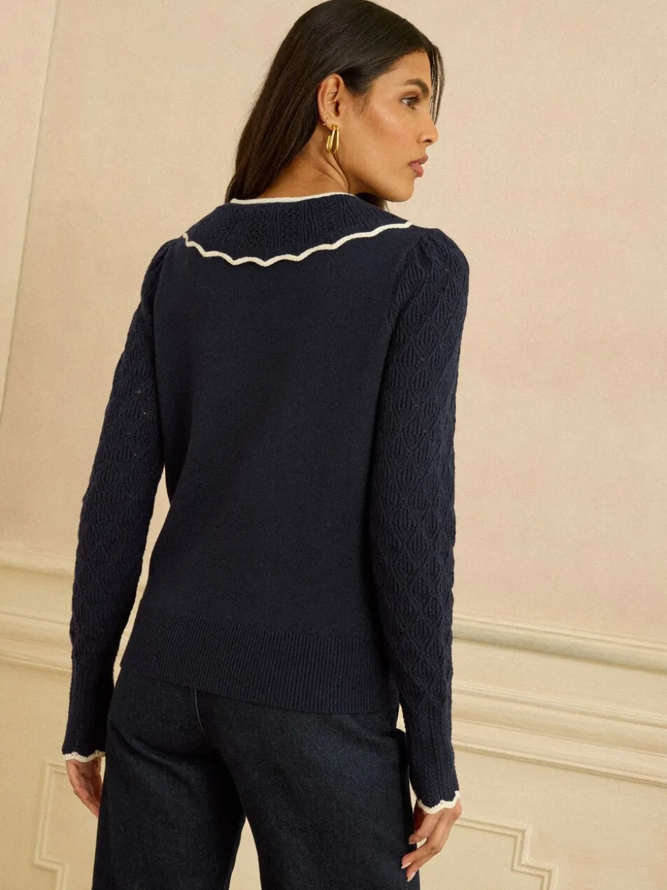 Marineblauw - Love & Roses gebreide trui met kraag