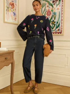 Marineblauw - Love & Roses Embroidered Detail Knitted Jumper