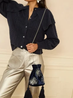 Marineblauw - Love & Roses Velvet Sequin Embellished Pouch Bag