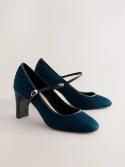 Marineblauw - Mary Jane-pumps met ronde neus en blokhak