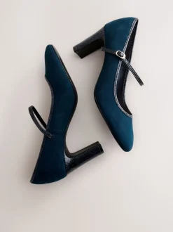 Marineblauw - Mary Jane-pumps met ronde neus en blokhak