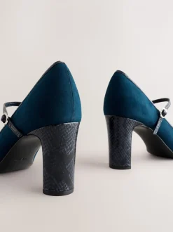 Marineblauw - Mary Jane-pumps met ronde neus en blokhak