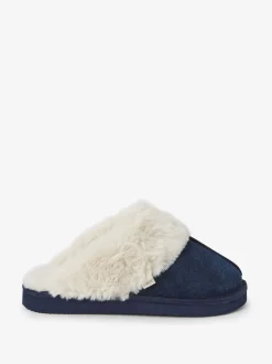 Marineblauw - Met imitatiebont gevoerde suède pantoffelmuiltjes