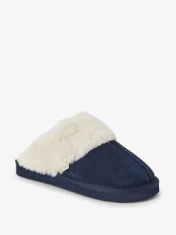 Marineblauw - Met imitatiebont gevoerde suède pantoffelmuiltjes