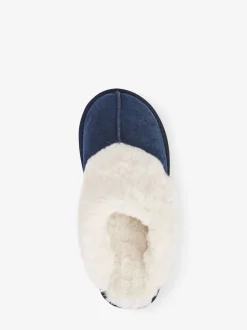 Marineblauw - Met imitatiebont gevoerde suède pantoffelmuiltjes