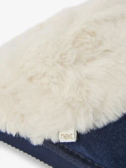 Marineblauw - Met imitatiebont gevoerde suède pantoffelmuiltjes