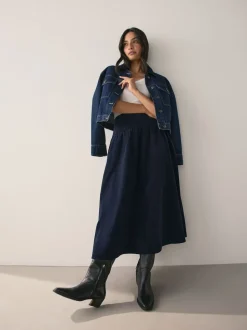 Marineblauw - Midi rok van corduroy met verlaagde taille