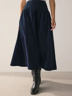 Marineblauw - Midi rok van corduroy met verlaagde taille