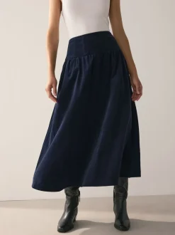 Marineblauw - Midi rok van corduroy met verlaagde taille