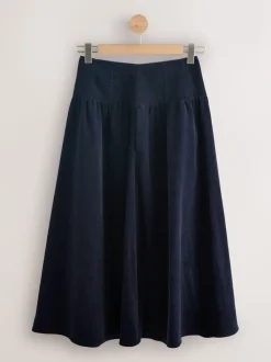 Marineblauw - Midi rok van corduroy met verlaagde taille